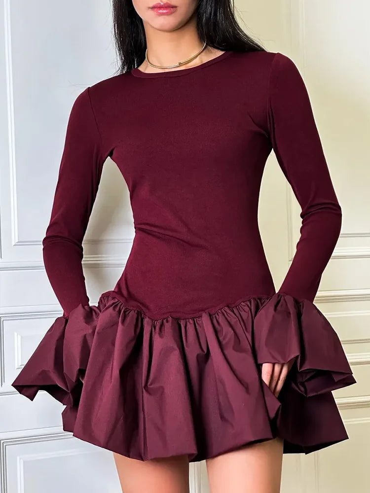 Angora Red Flare Sleeve Mini Dress For Women Fashion Splice Folds Autumn Winter Dress A-Line Sweet Bodycon Women Clothes