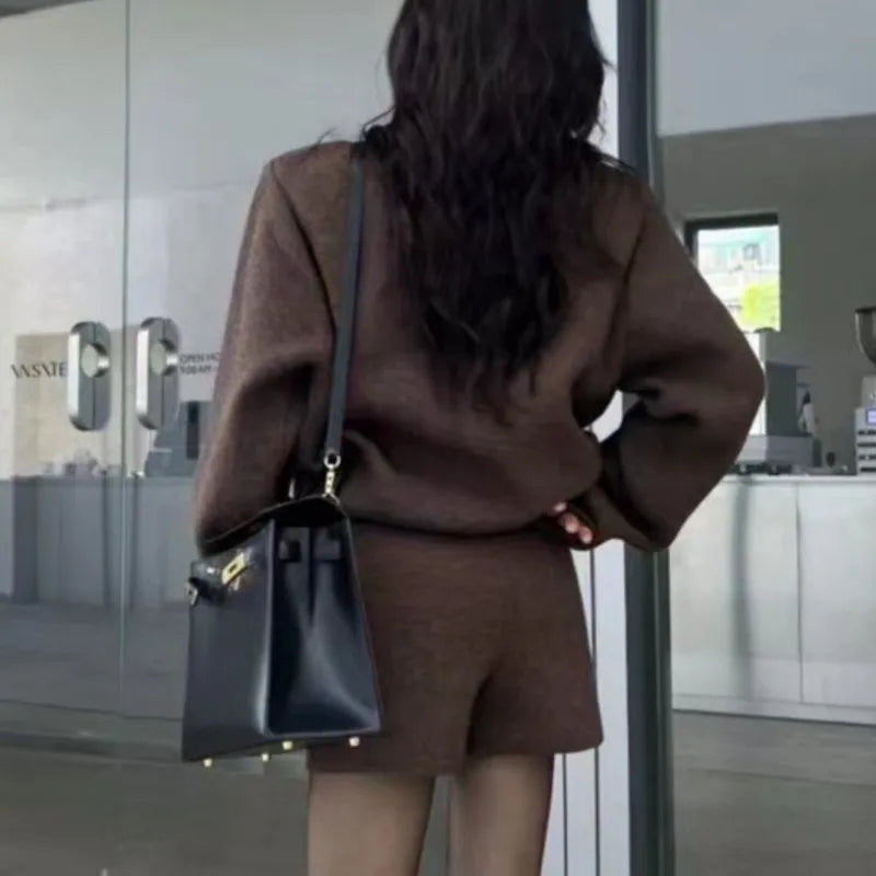 Autumn Winter New Two-piece Knitted Sets Single Breasted Sweater Top High Waist Shorts Korean Fashion Casual Outfits Solid Suit