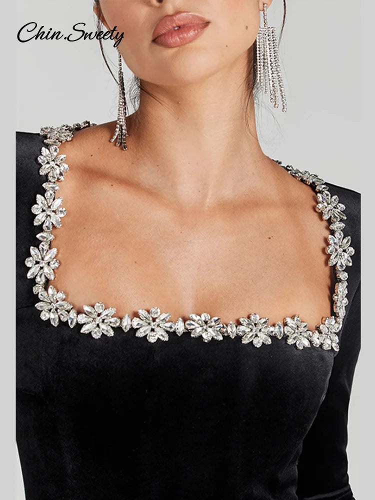 Black Beaded Velvet Jumpsuits For Women One Piece Long Sleeve Square Collar Full Length Jumpsuit Christmas Evening Party Gown