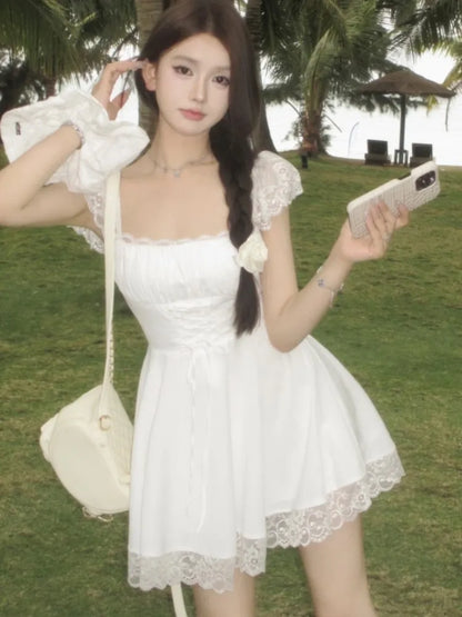 Y2K Lace Princess Party Dress Sexy Spaghetti Strap Square Collar Ruffles A-line Short Dresses for Women Prom Summer Mini Vestido