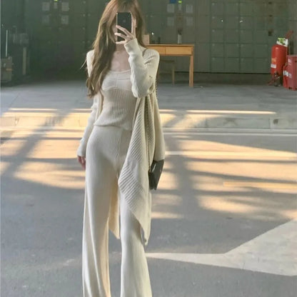 Conjunto de 3 piezas de punto liso para otoño e invierno, camiseta sin mangas para mujer, pantalones largos, cárdigan, suéter, jersey, moda coreana, conjuntos casuales, nuevo