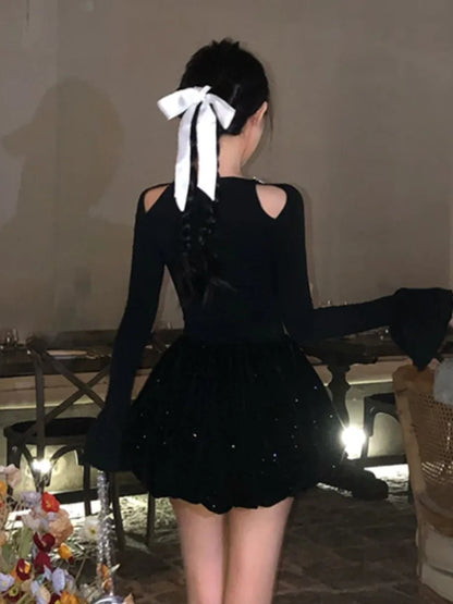 Vestidos negros de punto para otoño e invierno para mujer, de manga larga, cintura alta, corte A, para fiesta de cumpleaños, minivestidos, ropa femenina