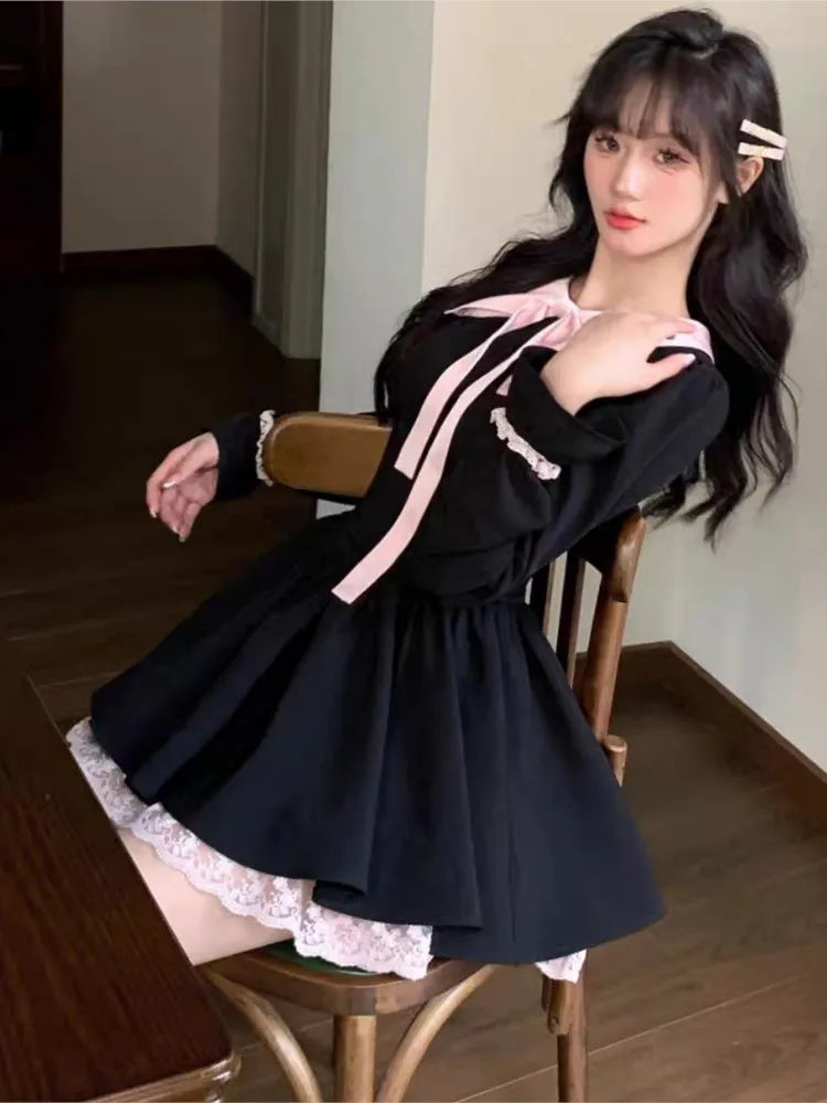 Y2K Black Short Dresses for Women Lace Ruffles Patchwork Long Sleeve A-line Princess Party Dress Korean One Piece Vestido New