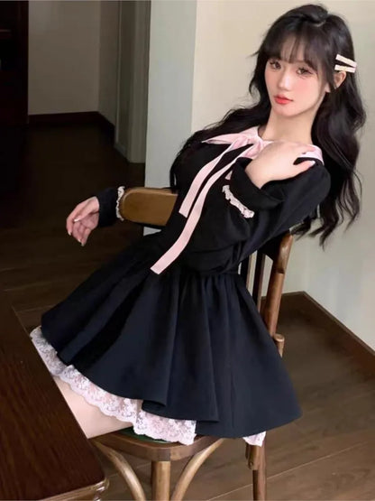 Y2K Black Short Dresses for Women Lace Ruffles Patchwork Long Sleeve A-line Princess Party Dress Korean One Piece Vestido New