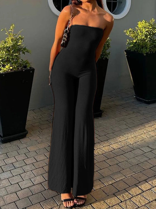 Black Solid Strapless Elegant Long Jumpsuits For Women Slim Wide Leg Flared Rompers Simple Fashion Vacation Overalls