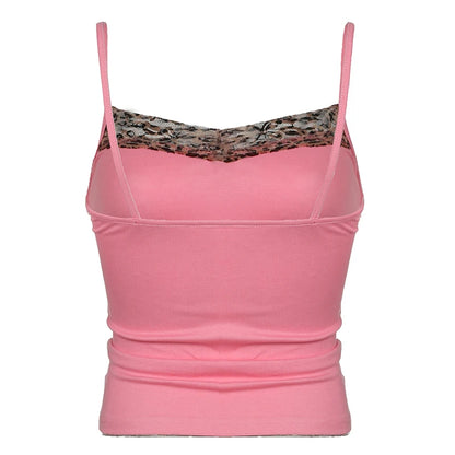 Camisola rosa con cuello estampado de leopardo Y2K para mujer, sin mangas, de punto, linda y sexy, top corto de verano, chaleco informal para mujer, conjuntos