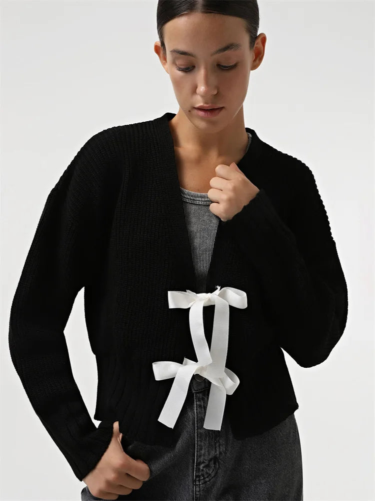 Autumn Knit Sweater Cardigan For Women Tee Bow Fashion Hollow Out Ribbed Patchwork Lace-Up Top Female Knitwear Cardigan