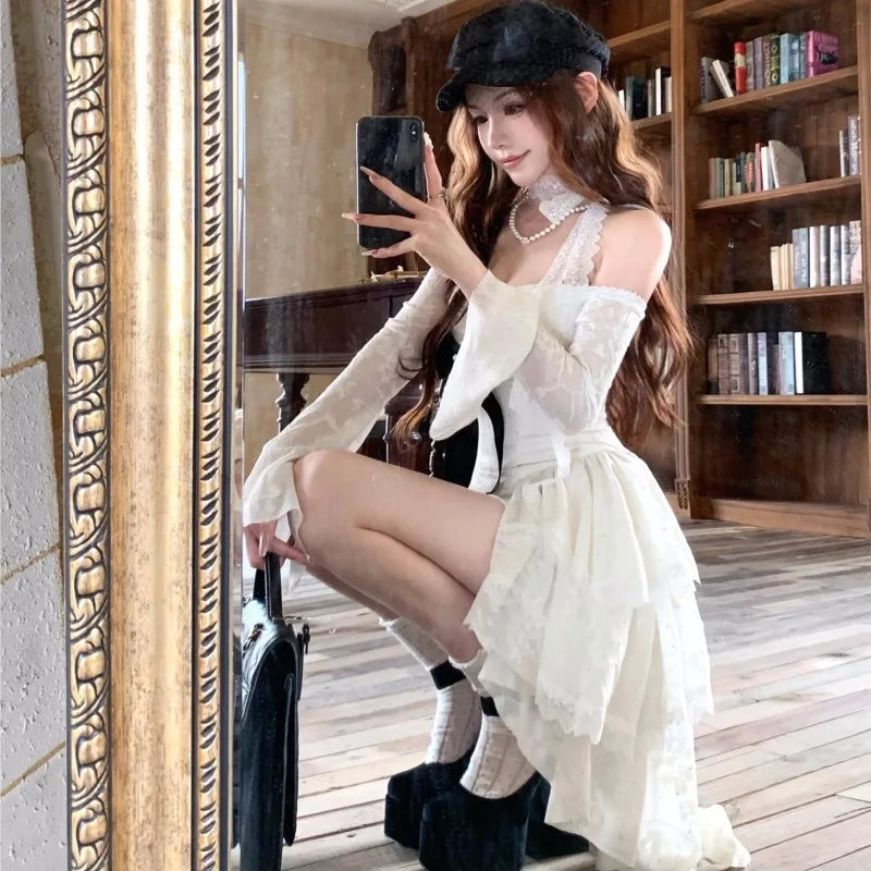 Minivestidos de encaje Y2K para mujer, cuello alto, mangas acampanadas, corte A, volantes, fiesta de cumpleaños, vestido de cola corta, moda coreana.