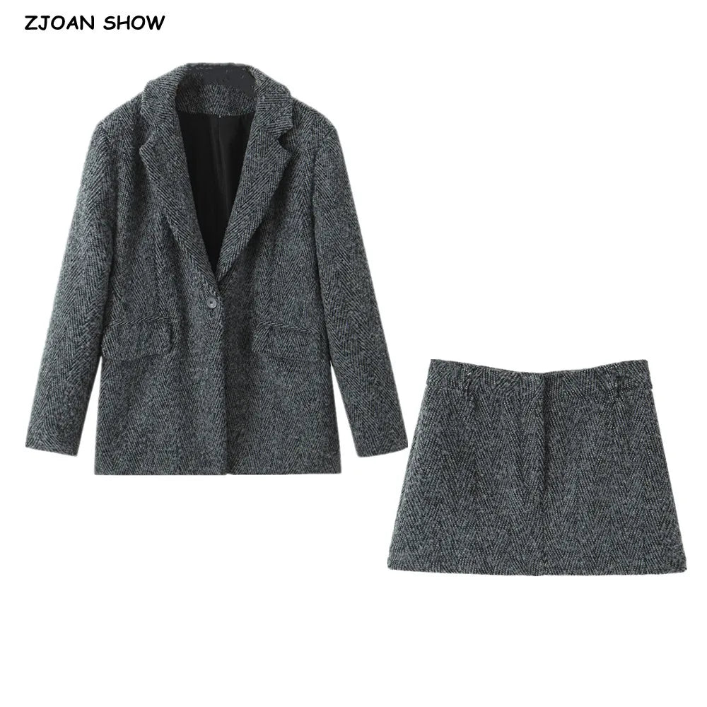 2 Pieces 1 Set  CHILL Notched Tweed Weave Oversized Blazer High Waist Package Hips A-line Mini Skirt Suits Matching Gray