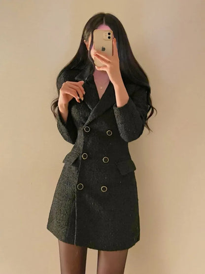 Autumn Winter Elegant Tweed Blazer Dress Double Breasted Slim Short Dresses for Women Korean Fashion Office Lady Coat Dress New