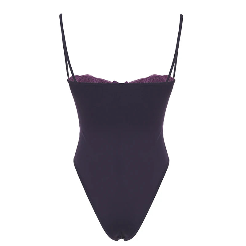 Mono de encaje con lazo y cuello halter para mujer, sexy, a la moda, con retazos, morado, nuevo y moderno