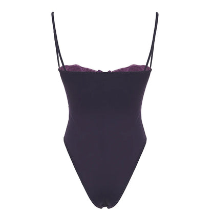 Mono de encaje con lazo y cuello halter para mujer, sexy, a la moda, con retazos, morado, nuevo y moderno