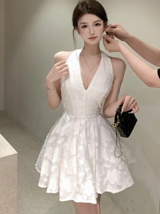 Y2K - Vestidos cortos con cuello en V y espalda descubierta para mujer, Jacquard, sin mangas, corte A, para fiesta de cumpleaños, graduación, minivestidos para mujer, nuevo