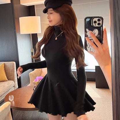 Otoño Nuevos Vestidos Mini Sólidos Para Mujer Cuello Alto Manga Larga Volantes Acampanados Casual Moda Coreana Ropa Femenina Vestidos Para Mujer