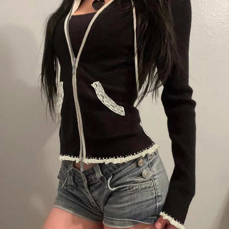 Suéter de punto con ribete de encaje negro para mujer, cárdigan de otoño e invierno, abrigo nuevo, básico, dulce, combinable, a la moda.
