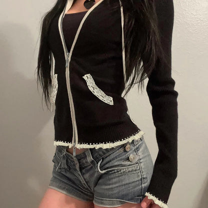 Suéter de punto con ribete de encaje negro para mujer, cárdigan de otoño e invierno, abrigo nuevo, básico, dulce, combinable, a la moda.