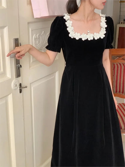 Autumn French Vintage Black Velvet Midi Dresses for Women Puff Sleeves Square Collar A-line Korean Fashion Vestido Mujer New