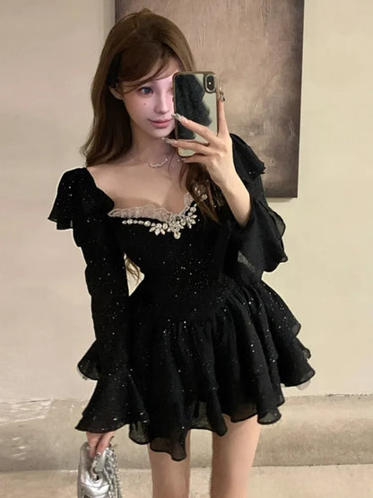 Y2K Black Short Dresses for Women Diamonds Square Collar Flare Sleeve High Waist A-line Birtheday Party Dress Prom Mini Vestidos