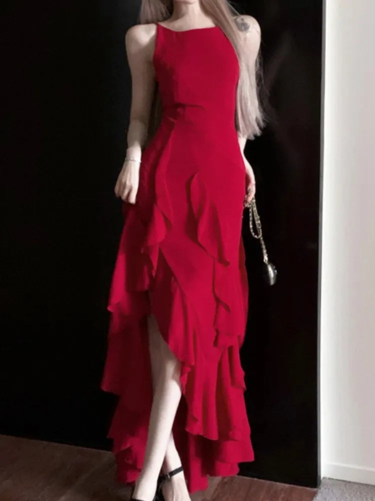 Y2K Red Irregular Womens Dresses Sexy Spaghetti Strap Sleeveless Ruffles Birthday Party Dress Summer Slim Casual Vestidos Mujer