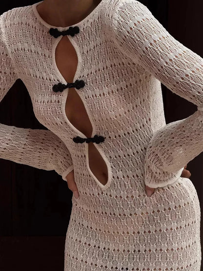 Hollow Slit Long Dress Women’s Beach Cover-up Bohemian Dress Floor-length Backless Mermaid Evening Gown Sexy Knit Dress