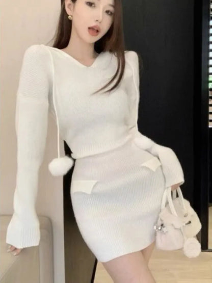 Autumn Women’s Knitted Dresses for Women Hoodies V-neck Long Sleeve Bodycon Short Dress Casual Korean Chic Vestidos Mujer New