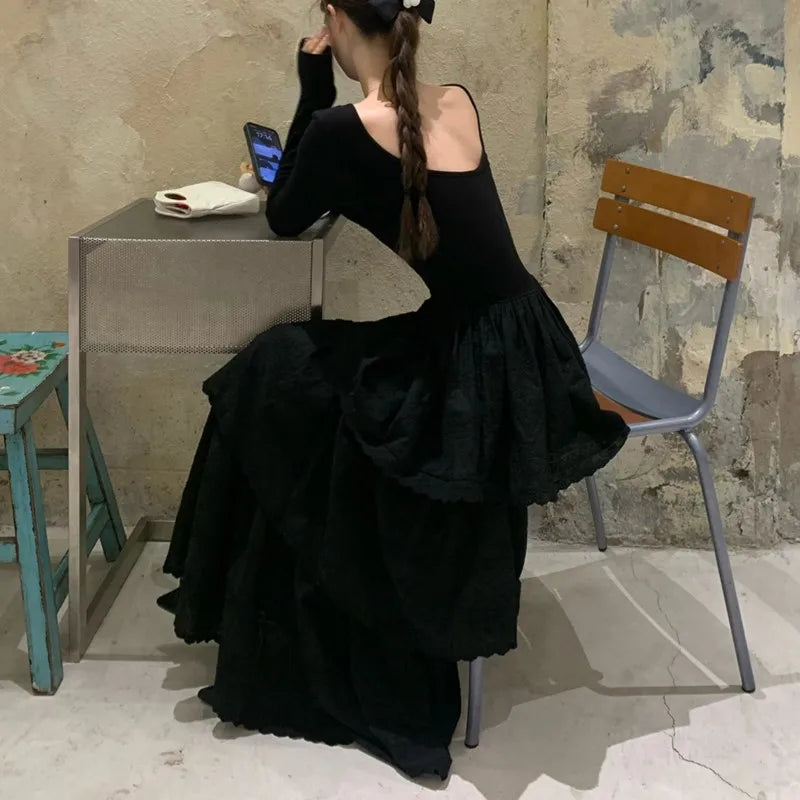 Vestidos midi de otoño para mujer, de manga larga, lisos, con cuello en U, sin espalda, corte en A, moda coreana, informales, de una pieza