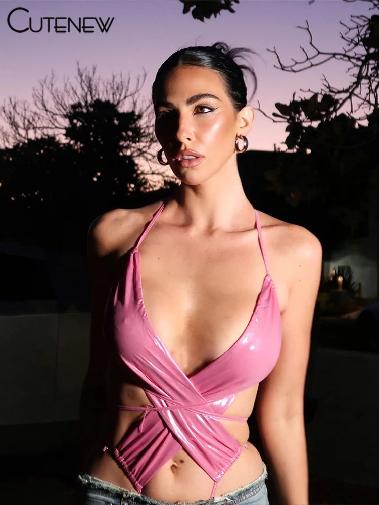 Body brillante para mujer, sexy, con vendaje cruzado, sin cintura ni espalda, ajustado, para mujer, atractivo, liso, para salir de noche o discoteca.