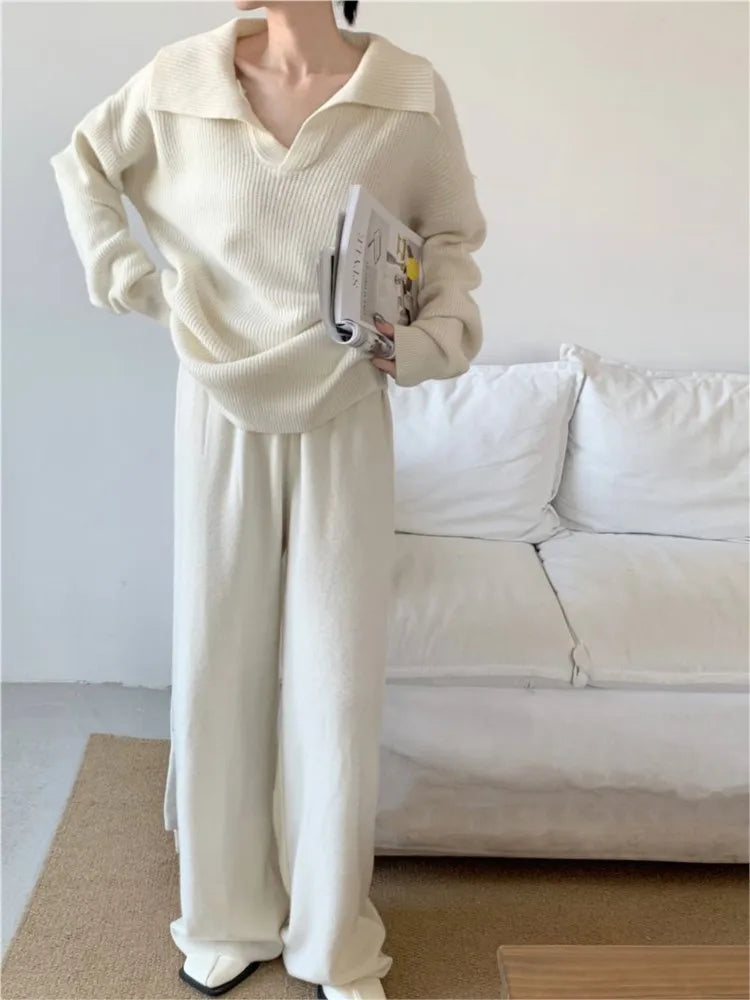 Conjunto de dos piezas de punto para mujer, jersey de solapa, pantalones largos, moda coreana, ropa informal para mujer, prendas de punto nuevas