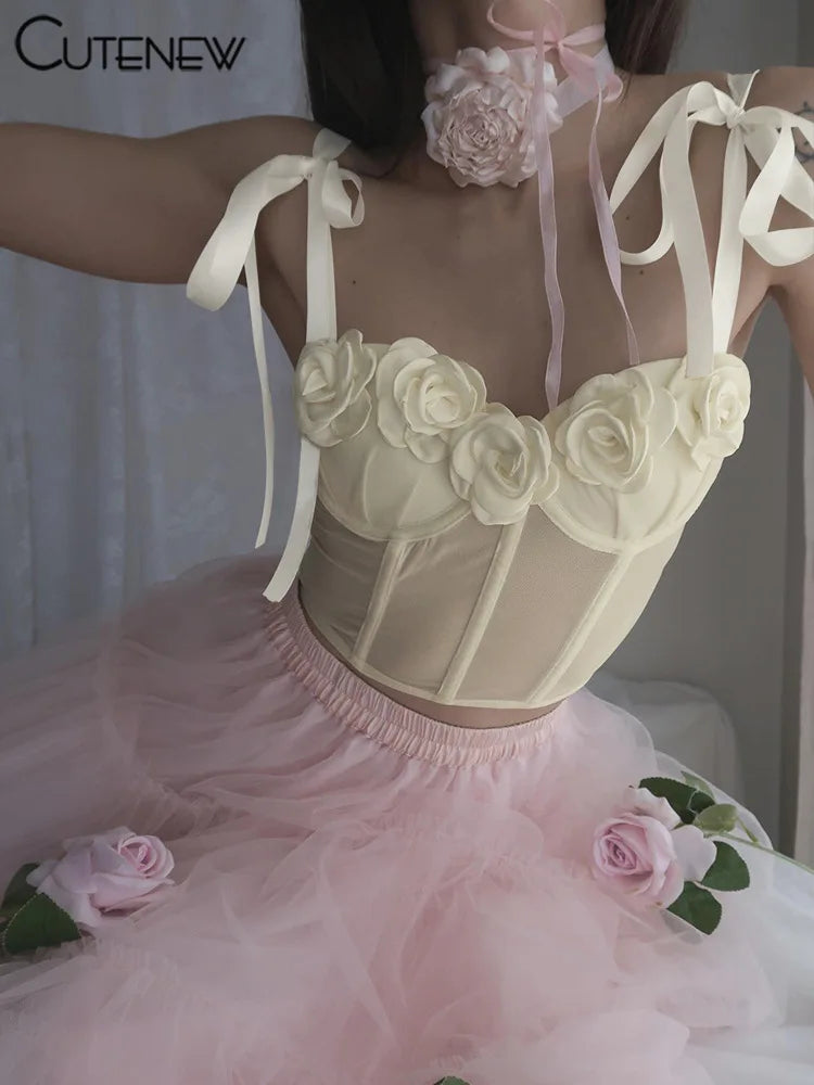 Camisola sin mangas con tirantes y encaje de flores para mujer, estilo informal, estilo Spice Girl, ropa de calle