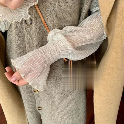 Blusa de verano con cuello alto y malla transparente para mujer, fina, ajustada, con encaje y mangas largas acampanadas