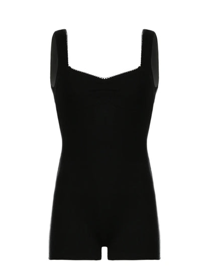 Mono de verano ajustado sin mangas con cuello cuadrado y fruncido para mujer, mono negro liso sencillo básico informal para vacaciones