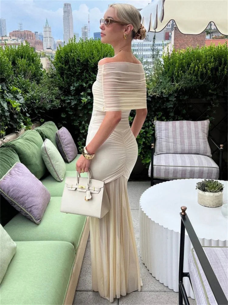 Autumn Mesh 2 Piece-Set Long Dress Women Off-Shoulder Pleated Elegant Bandeau Dress See-Through Female Maxi Dress Outfits