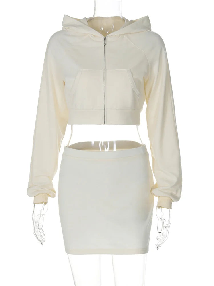 Autumn Fashion Hoodie 2 Piece-Set Skirt Female Cropped Zipper Cardigan Top And Skirt Sets Tracksuit Women’s Sexy Outfits