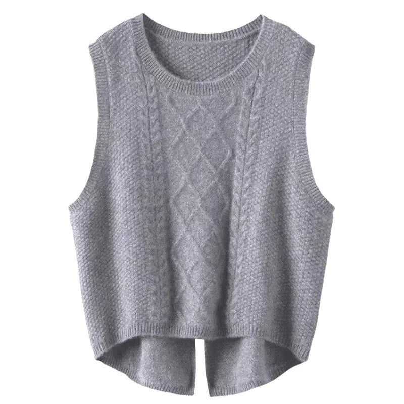 Chaleco tipo suéter con cuello en V para mujer, liso, sin mangas, estilo preppy, tejido dulce, informal, para otoño e invierno