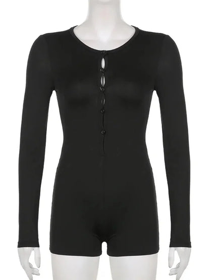 Mono negro liso ajustado de manga larga para mujer, ropa informal de una pieza, mono con cuello en V y botones, ropa de calle sexy