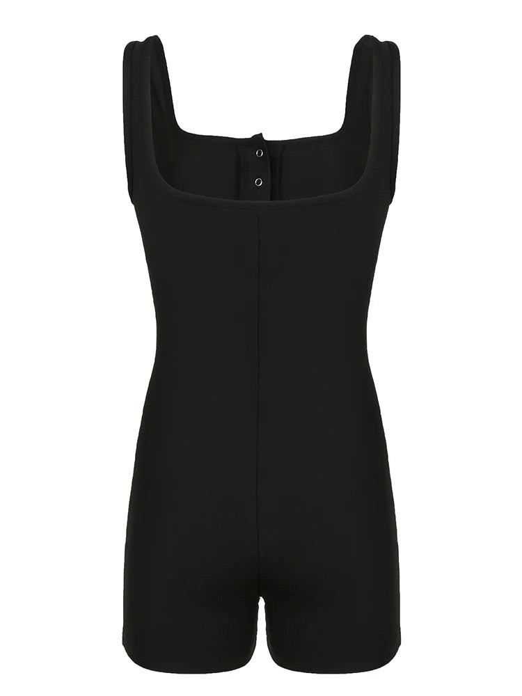 Black Ribbed Sleeveless Square Collar Skinny Sexy Rompers Buttons Details Solid Basic Tank Bodys Playsuits