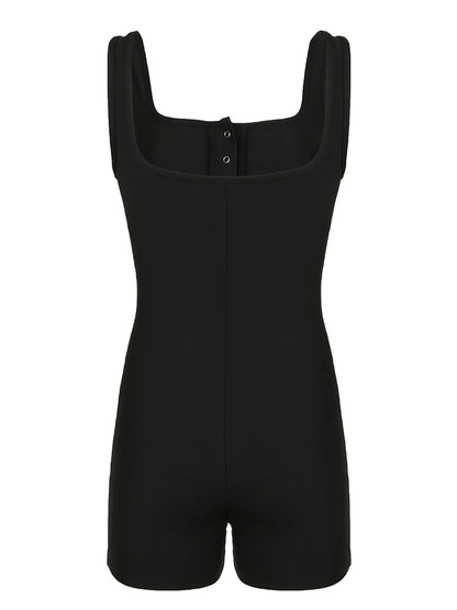 Black Ribbed Sleeveless Square Collar Skinny Sexy Rompers Buttons Details Solid Basic Tank Bodys Playsuits