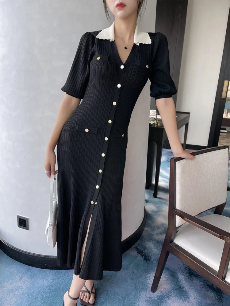 Vestidos de punto elegantes de otoño para mujer, vestido midi de una sola botonadura con cuello en V y mangas abullonadas, moda para mujer