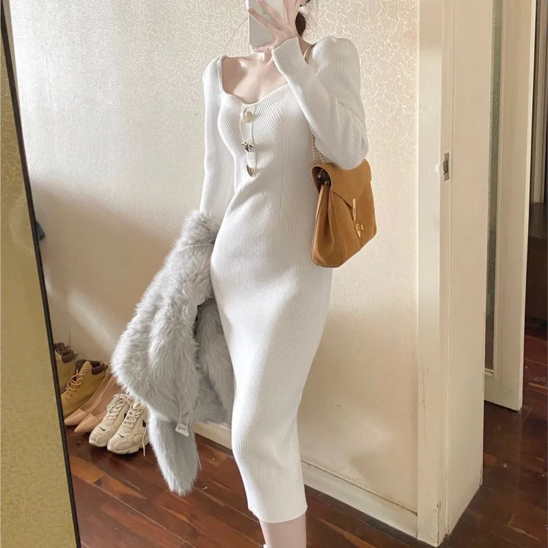 Autumn Winter New Knitted Dresses for Women Solid Square Collar Slim Bodycon Vintage Chic Korean Fashion Midi Vestidos Mujer