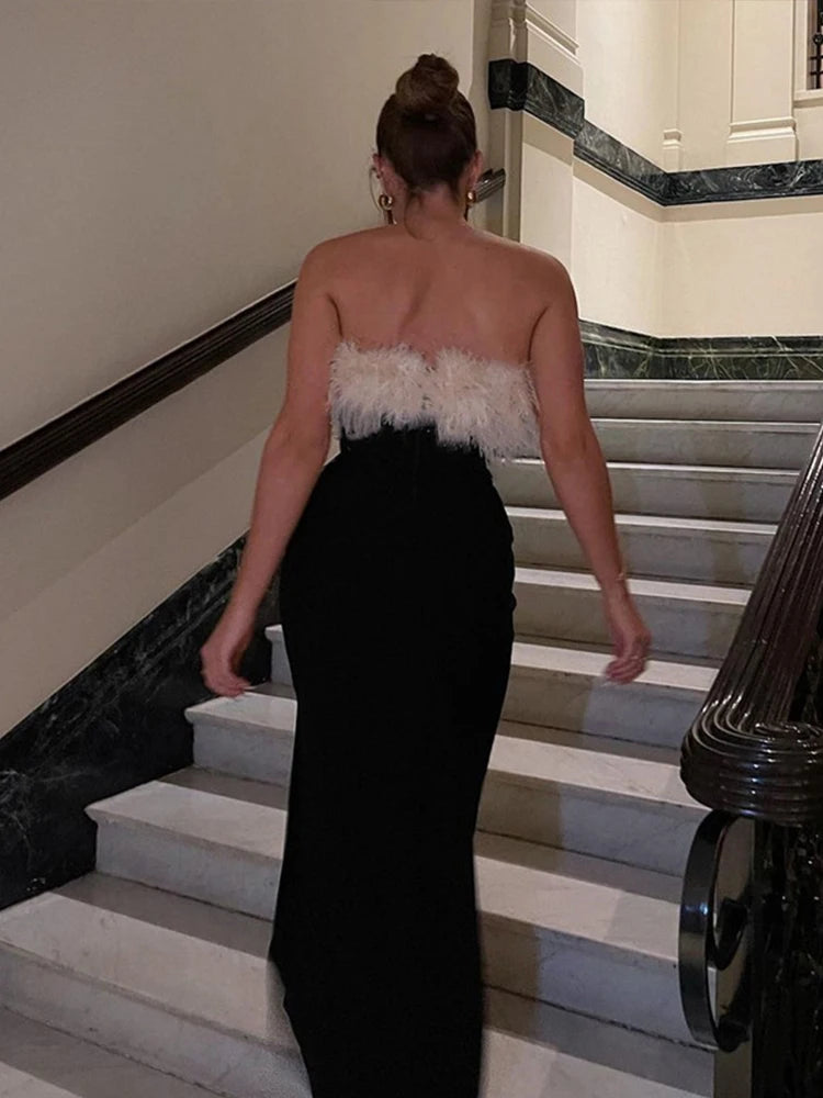 Sexy Plush Off Shoulder Long Dresses Women Vintage Black Slit Slim Fit Sleeveless Evening Dress Female Spring Chic Street Party