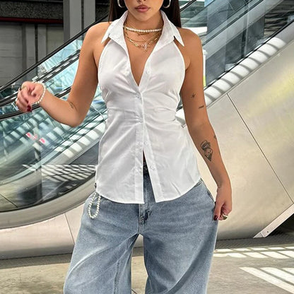 Women Sexy Backless Lace-up Shirt Vest White Halter Sleeveless Turndown Collar Buttons Tank Top Stylish Chic Outfits