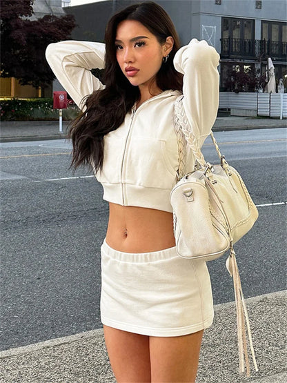 Autumn Fashion Hoodie 2 Piece-Set Skirt Female Cropped Zipper Cardigan Top And Skirt Sets Tracksuit Women’s Sexy Outfits