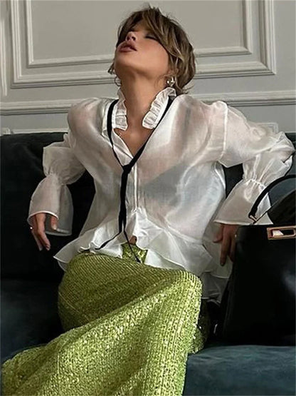 Bandage See-Through Chiffon Shirts Pullover For Women Cover up Patchwork Fashion Summer  Lace-Up Women’s Blouse Top