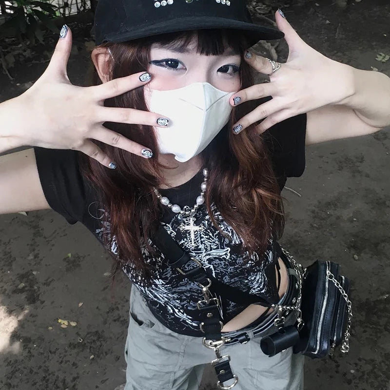 90s Harajuku printed T-shirt short sleeved tight top women’s Y2K street wear exposed navel top