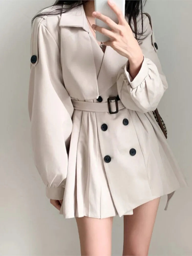 Gabardina elegante y plisada de estilo coreano para mujer, vestido con cinturón, cuello vuelto, doble botonadura, liso, para otoño