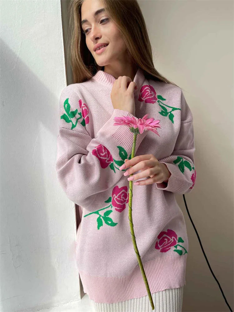 Autumn Knit Sweater Pullover Women’s Printed Long Sleeve High Waist Ribbed Fashion Loose Knitwear Top Female Sweater