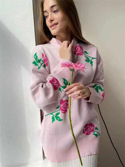 Autumn Knit Sweater Pullover Women’s Printed Long Sleeve High Waist Ribbed Fashion Loose Knitwear Top Female Sweater