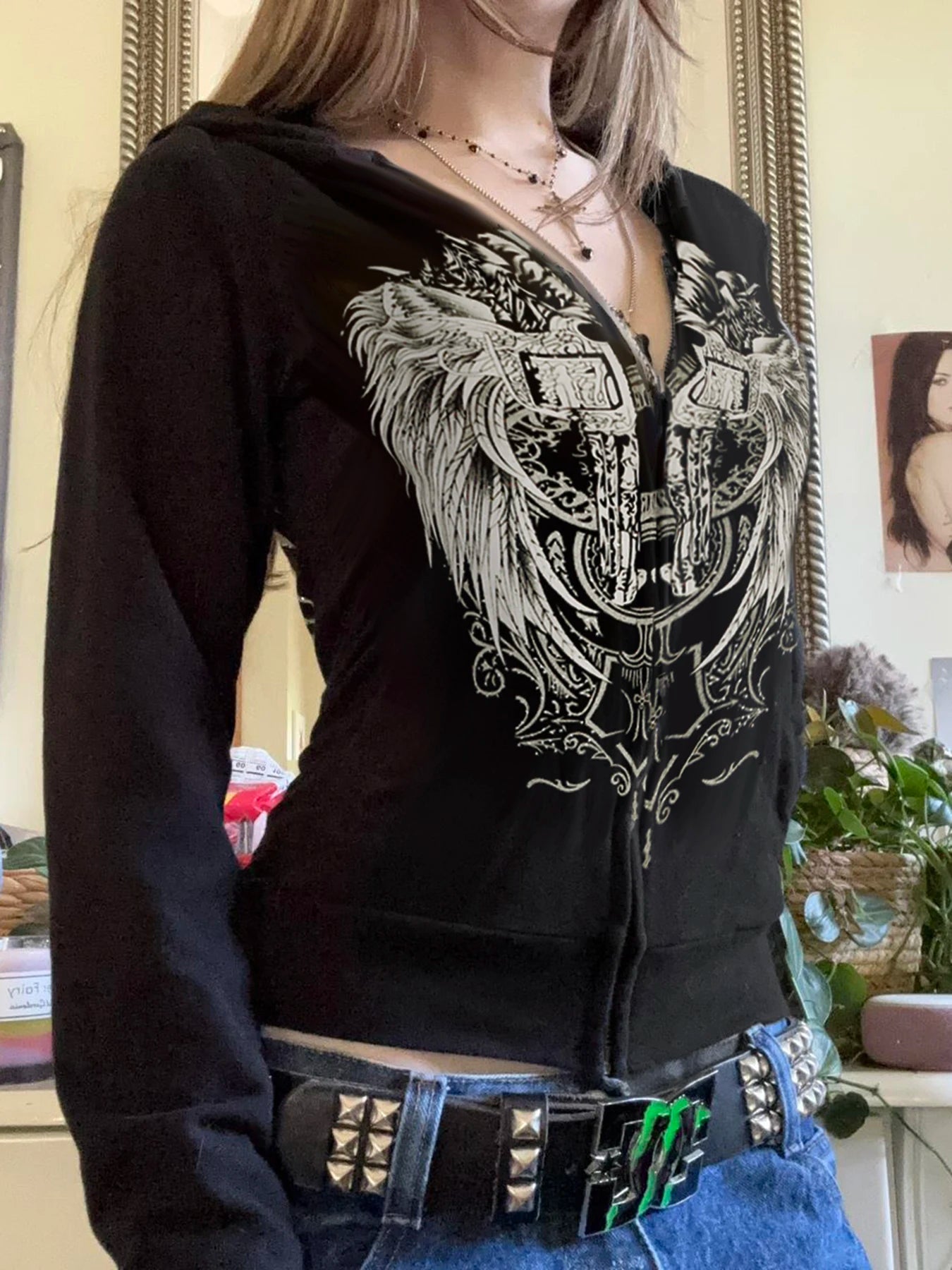 Y2k Darkly Retro Zip Up Hooded Coat Long Sleeve Basic Women s Fashion Chic Diamonds Print Sweats Cardigan