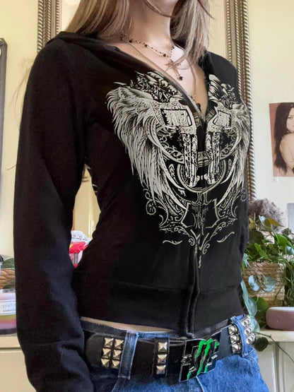 Y2k Darkly Retro Zip Up Hooded Coat Long Sleeve Basic Women s Fashion Chic Diamonds Print Sweats Cardigan