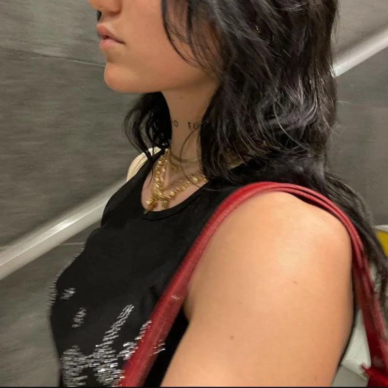 Camiseta sin mangas de verano para mujer, estilo europeo y americano, con cuello redondo y diamantes, sin mangas y abertura en el ombligo, ajustada, estilo Y2K